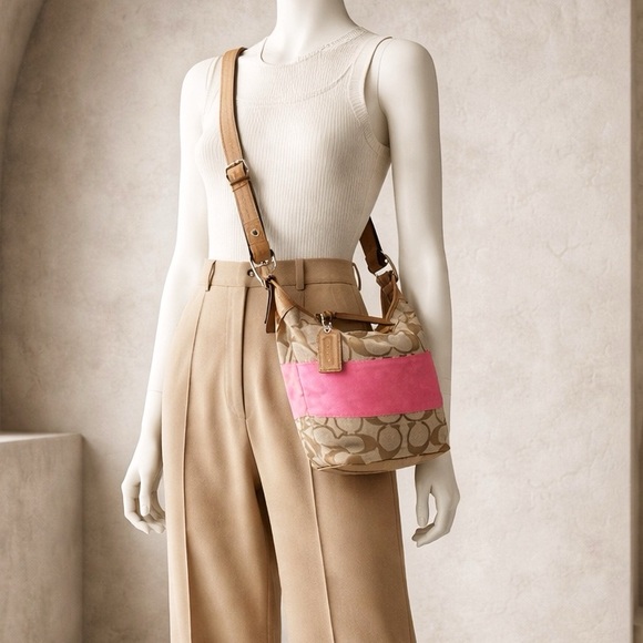 COACH pink brown signature buckle bucket shoulder bag F13862 EUC - Picture 3 of 13